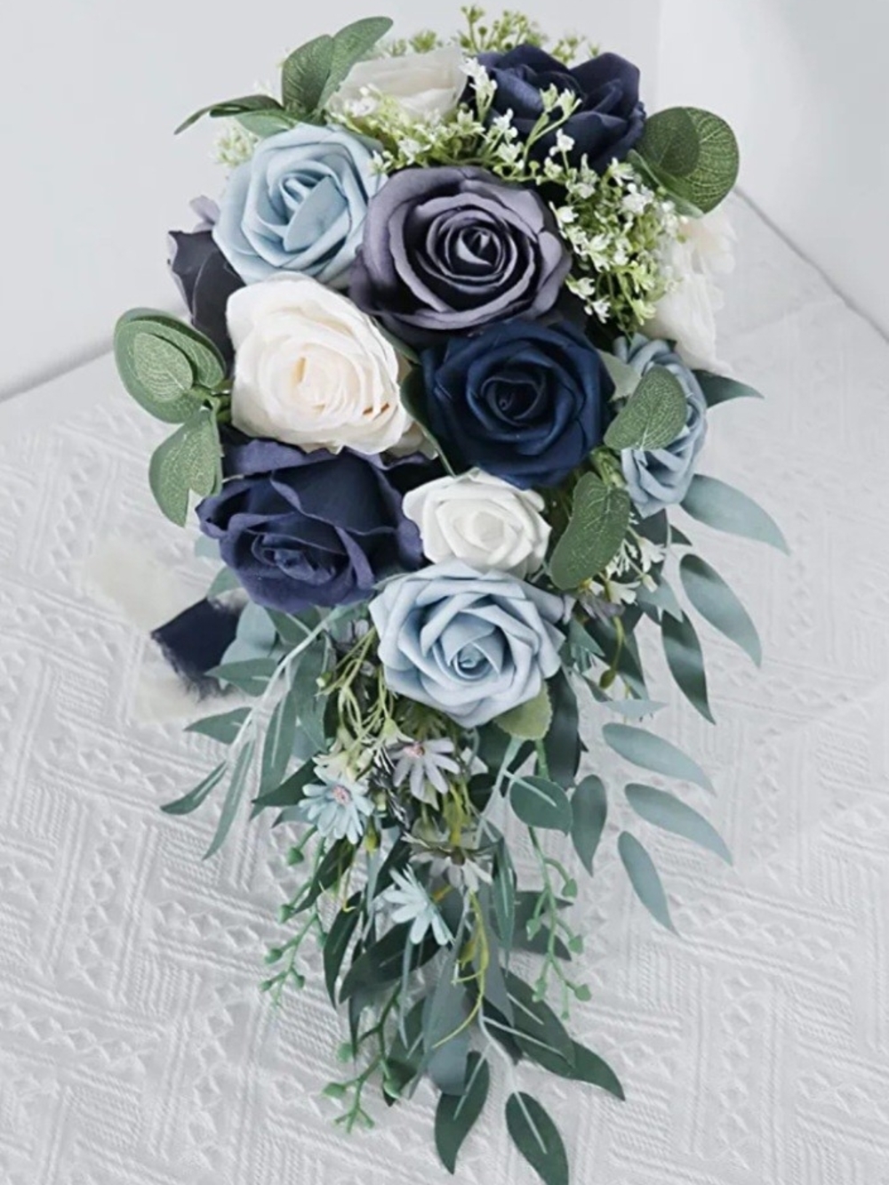 Elegant Navy and Light Blue Mauve Faux Rose Cascade Bouquet - Wedding Bride